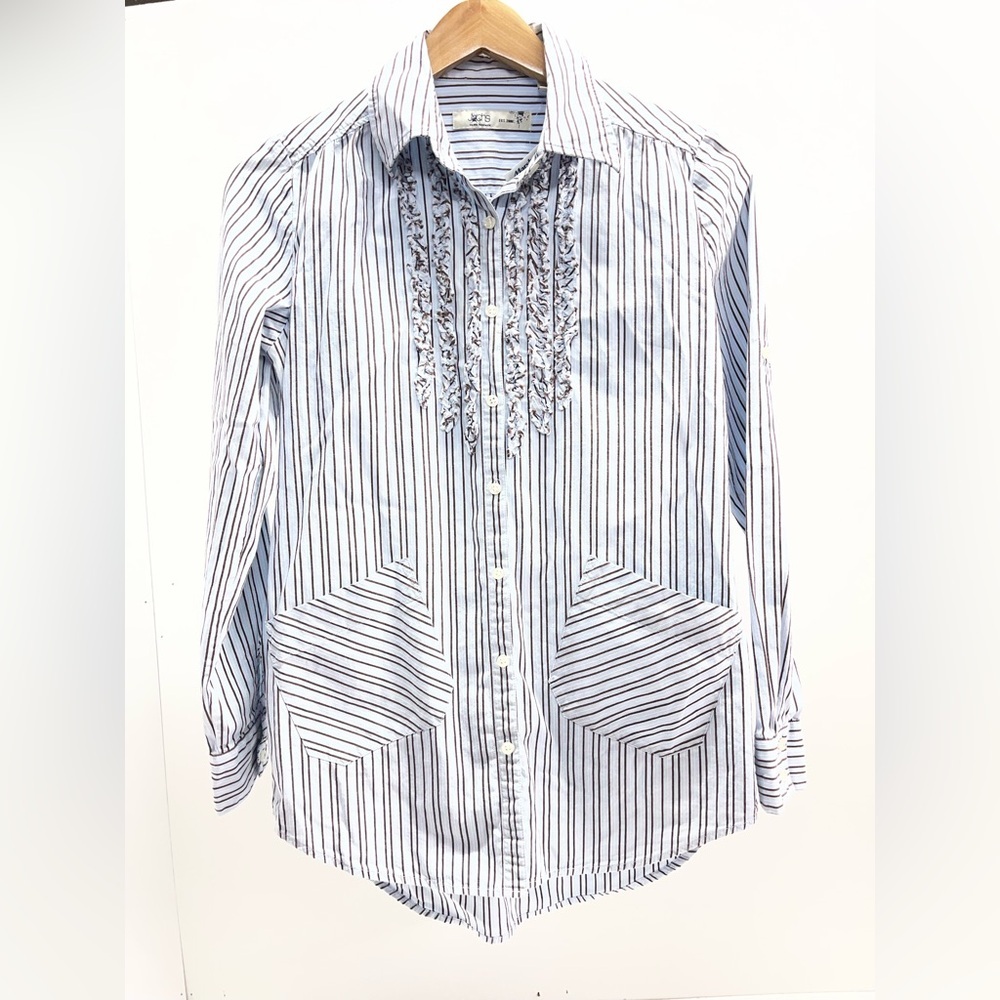 Jachs White and Blue Striped Embroidered‎ Button-Down Shirt